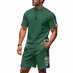 Men's Green Color Blocking Breathable Polyester/Cotton T-Shirt and Shorts <b>Set</b> Crew Neck Quick Dry <b>Knitted</b> Casual Summer Outfit - Product Image 1