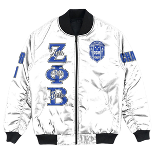 Chaqueta de Satén Zeta Phi Beta Azul y Blanca, Ropa Griega para Mujer, Hermandad Femenina 1920, Bordado con el Escudo ZPB, Moda Universitaria Premium - Product Image 1
