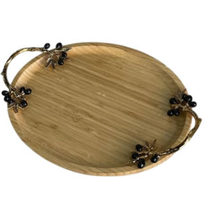 Plateau de service ovale en bois de manguier de grande qualité avec poignée en feuille d'or, décoration d'intérieur et décoration de fêtes de mariage, plateau de service en vente - Product Image 6