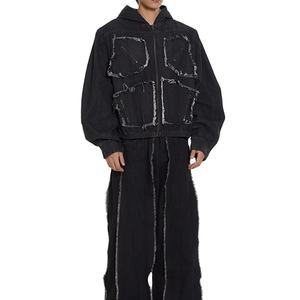 Veste en jean zippée unique pour homme, coupe ample, lavage vintage, coton, décoration boutonnée, grande taille, motif imprimé, patchwork, style baseball - Product Image 3