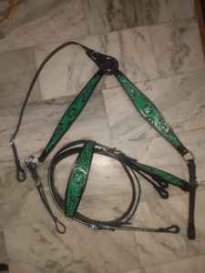 Cuero negro Floral pintado verde caballo occidental brida pecho collar conjunto cuero genuino occidental tachuela conjunto - Product Image 3