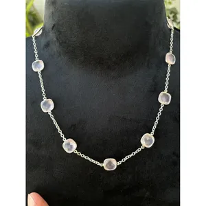 Collier chaîne satellite en quartz rose naturel, argent sterling 925, fait main, plaqué rhodium 45 carats, réglable, pour femme, OEM ODM - Product Image 1