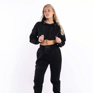 55% Cotton, 45% Spandex Drop Shoulder Style Oversized Cropped Fit <b>Black</b> <b>Women</b> Classic Capital Full-Zip Crop Hoodie - Product Image 2
