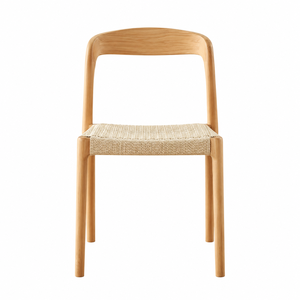 Silla de Comedor Moderna Escandinava de Madera con Asiento de Cordón Tejido y Respaldo Curvo - Product Image 1