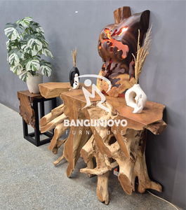 Table console moderne en bois de teck et décoration murale bois de singe - Product Image 2