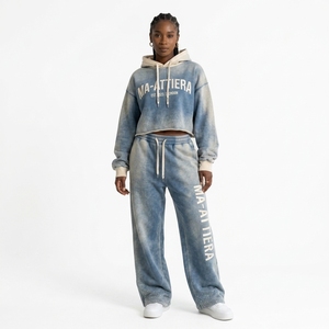 Conjunto de Sudadera Corta Azul con Efecto Ácido y Pantalones Jogger de Pierna Ancha para Mujer, de Algodón y Felpa, Estilo Urbano, Venta al por Mayor OEM - Product Image 1
