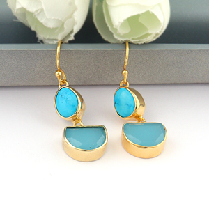 Pendientes de Turquesa Azul con Calcedonia, Doble Piedra, Chapados en Oro de 18k, Estilo Grueso, para Mujer, Venta al Por Mayor - Product Image 2