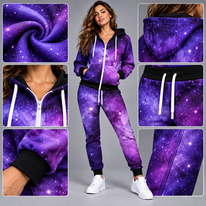 Ensemble de survêtement 2 pièces pour femme avec sweat à capuche zippé et pantalon de jogging, imprimé galaxie personnalisé, 100 % polyester, séchage rapide - Product Image 3