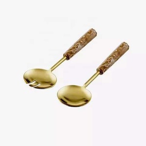 Juego de cuchara y tenedor para servidor de ensalada chapado en oro, decoración de mesa de boda, vajilla de resina, juego de cubiertos con mango redondo largo - Product Image 1