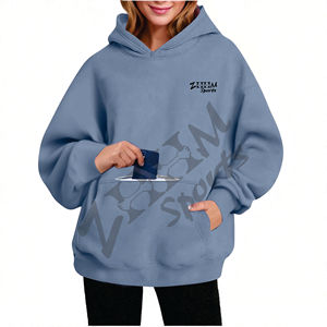 Sudadera con capucha de punto forrada para mujer, oversize, estampada, de manga larga, color liso, casual, con logo frontal, ODM, para otoño e invierno - Product Image 5