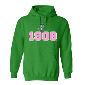 Sudadera con Capucha AKA 1908 Crest, Verde Kelly con Bordado Rosa, Sudadera Personalizada para Hermandades Griegas - Product Image 1