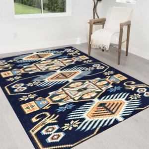 Navy Printed Rug with Vintage Turkish Design and Geometric Pattern,Velvet Rug - Product Image 1