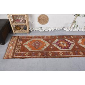 Vintage Rug, Runner 2.8x11.6 ft Turkish Rug, <b>Brown</b> Bordered <b>Wool</b> Rug - Product Image 5