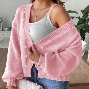 <span class=keywords><strong>Cardigan</strong></span> de Malha Cropped Chic para Mulheres PASUXI, Jaqueta Curta Elegante com Pérolas Costuradas à Mão, Top de Manga Longa para Senhoras - Product Image 2