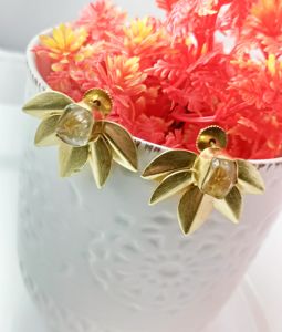 Elegant18kGold-Plated Floral Petal <b>Earrings</b> with Faceted <b>Crystal</b> Centerpiece Vintage Inspired Statement <b>Studs</b> for Women - Product Image 3