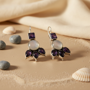 Boucles d'oreilles tendance vintage pour femmes en argent 925 avec pierre de lune et améthyste, or 14K 18K, diamant principal, or rose, blanc, jaune, or rose disponible - Product Image 2