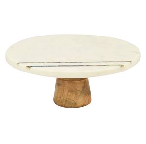 Support à gâteau en marbre blanc avec base en bois d'acacia |   Support de présentation de desserts rond en marbre pour boulangerie, mariage, fête - Product Image 1