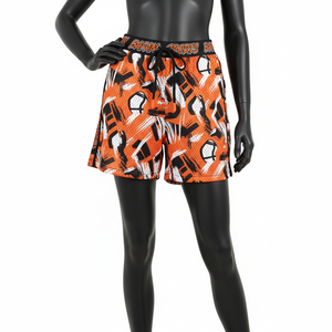 Shorts de sport pour femme en maille polyester 160 GSM de haute qualité, orange, avec impression graphique par sublimation, logo imprimé. - Product Image 1