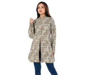 Veste matelassée en coton avec imprimé bloc à la main Veste longue pour femme Manteau décontracté Veste en coton imprimée à la main avec 2 poches avant - Product Image 1