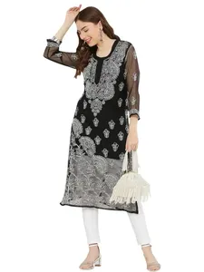 Kurti chikankari de georgette pura con bordado floral, moda para mujer, ropa de verano - Product Image 3