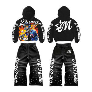 Ensemble de survêtement unisexe en coton 100% avec sweat à capuche zippé et pantalon évasé, effet délavé et broderie déchirée, taille haute et coupe droite - Product Image 4