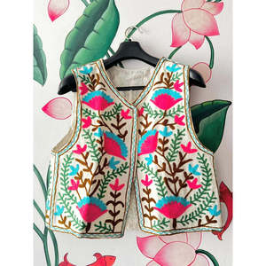 Pink Embroidered Summer <b>Gilet</b> Long Outer Wear with Rabbit <b>Fur</b> and Knitted Wool <b>Plus</b> <b>Size</b> Decorated with Buttons - Product Image 1