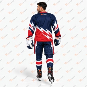 Camiseta de Hockey sobre Hielo para Hombre Tiierwear, Manga Larga, Sublimada, Transpirable, de Poliéster, Diseño a Rayas Rojo, Azul y Blanco, Uniforme para Adultos, Talla Regular - Product Image 6