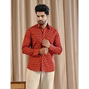 Chemise décontractée pour homme, coupe ajustée, rouge, en coton imprimé, style décontracté chic, manches longues, tissu popeline respirant, tailles du XL au 6XL - Product Image 1