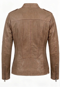 Custom Women Light Brown Mud color Sheep Nappa Leather Moto Biker Jacket Antique Brass Hardware Tassel Zipper <b>Puller</b> Slim Fit - Product Image 2