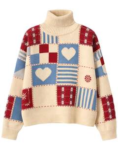 Customized Premium Women Turtleneck Patchwork Knit Sweater Soft Warm Oversized Winter Pullover Casual Fashion Top <b>Red</b> Blue Color - Product Image 1