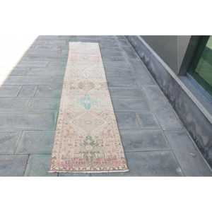 Turkish Vintage <b>Runner</b> Rug 2.3x11.3 ft, Pink <b>Green</b> Moroccan Wool Rug - Product Image 1