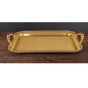 Beaded Border Metal <b>Serving</b> <b>Tray</b> With Beaded Handle Rectangle Shape <b>Gold</b> Finished for Dining Table Dinner <b>Serving</b> <b>Trays</b> - Product Image 1