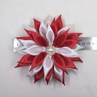 Broche de corsage en forme de fleur en ruban de satin superposé rouge et blanc avec perle, plaquée argent, faite à la main, pour femme, mariage, fête et cadeau