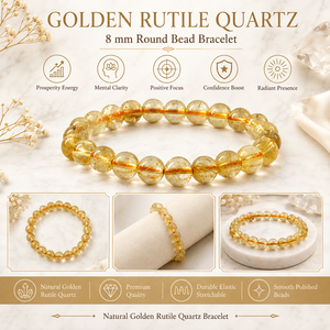 Bracelet en quartz rutile doré naturel, perles rondes de 8 mm, pour la force, la confiance, la concentration et l'énergie positive - Product Image 1