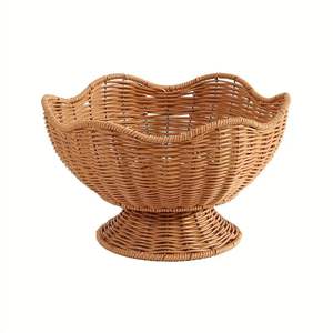 Ensemble de paniers à fruits en rotin tissé à la main |   Bol de service en osier avec base sur pied |   Plateau de rangement décoratif à bord festonné - Product Image 5