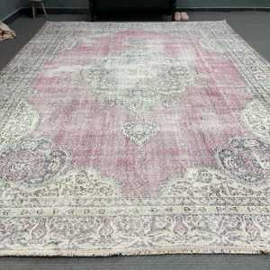 พรมวินเทจตุรกีขนาด 7.9x11 ฟุต พรมขนาดใหญ่ พรมขนสัตว์สีชมพู - Product Image 2