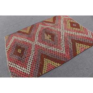 Vintage Rug, Area 4.4x6.3 ft Turkish Rug, <b>Red</b> Pink Abstract <b>Wool</b> Rug - Product Image 1