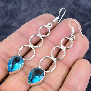 ต่างหู925สเตอริงสีฟ้าบุษราคัมทำด้วยมือพลอยลูกแพร์ทรงยาวชุบเงินสำหรับงานแต่งงานคริสเตียน - Product Image 3