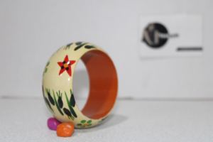 Traditional Women's Fashion <b>Wooden</b> <b>Bangle</b> Cream Color with Floral and Underwater Design - Product Image 2