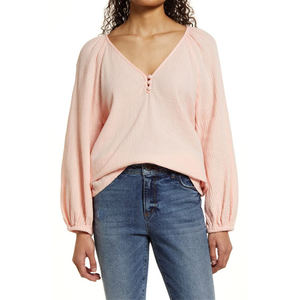 Top in Seersucker Rosa Chintz con Maniche Raglan Piccole, Stile Vintage Y2K, Vestibilità Ampia, in Lino Traspirante, Taglie XS-XL, per Outwear Autunnale - Product Image 1