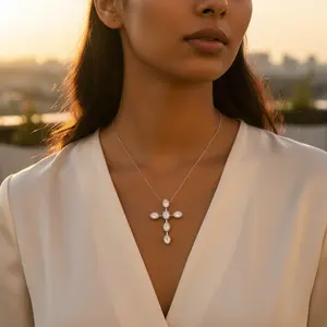 Colgante de Cruz Chapado en Rodio Blanco/Oro/Oro Rosa con Circonita Cúbica/Diamante/Perla para Regalo de Joyería para Mujer - Product Image 2