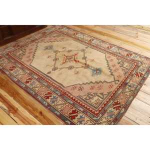 Turkish Vintage Rug, 5,2x6,5 ft Area Rug, <b>Red</b> Blue Striped <b>Wool</b> Rug - Product Image 4