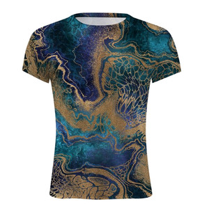 T-shirt à manches courtes pour homme, bleu et or, imprimé abstrait, col rond, coupe décontractée, imprimé par sublimation, polyester tricoté respirant - Product Image 1