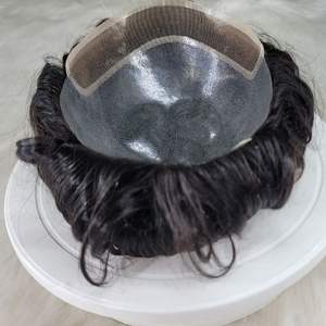 Postizo de Encaje Francés BIO Genuino con Base de Encaje y PU, Cabello Remy Indio con Ondas Profundas para Hombre - Product Image 1