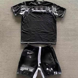 Camiseta de algodón de alta calidad Pantalones cortos con cordón Conjunto de hombre Personalizado Monkey Wash Splice Serigrafía Colección de verano-Fábrica - Product Image 4