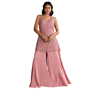 Rosa crêpe ricamato Kurta Palazzo completo con rete girocollo Dupatta all'ingrosso donna abbigliamento etnico OEM abbigliamento abito personalizzato - Product Image 1