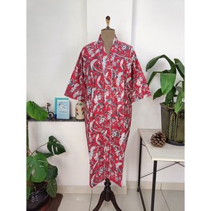 Boho-Kimono Style Handprinted Red Wildflower Chic Lightweight Cotton Indian Summer Luxury <b>Beach</b> Cover-Up Swimsuit <b>Accessory</b> - Product Image 3
