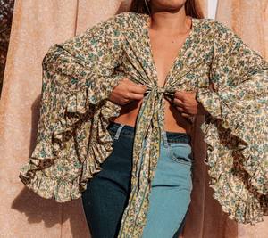 Estilo indio Casual corto Kurtis mujeres gasa Floral impreso manga encaje decoración Natural hasta la rodilla moda niñas - Product Image 5