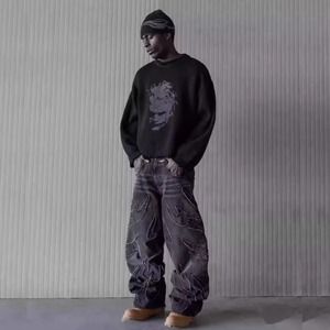 2025 Men's Custom High Street Streetwear Gothic Denim Straight Pants Stonewashed Embroidery Contrast Stitch Straps Cotton - Product Image 4