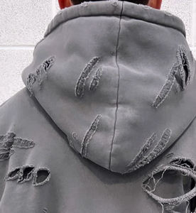 High Quality 500 GSM Hoodie Acid Wash Distressed Patch Patchwork Embroidery Unisex Hoodie - Product Image 3